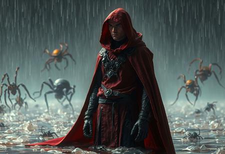 High-definition, lifelike image of a Dunames Dark Witch standing on a jelly-like rain, dressed in a red and black cape and hoodie. The witch, a cosmic entity, has intricate details and is captured in a cinematic shot with a focus on the golden ratio. The image also features mantises and swordfishes in the background, along with a hint of black mold. The concept is set in the metaverse with the man dressed in futuristic attire, inspired by the art of artgerm and greg rutkowski. The image showcases full-body details, with a focus on the concept of