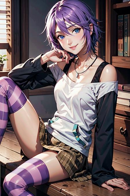 Mizore Shirayuki, 1girl, short hair, purple hair, blue eyes, shirt, long sleeves, off shoulder, striped thighhighs, skirt, necklace, shoes,