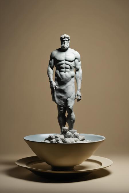 <lora:Surreal Plate:1>Surreal Plate - a plate with a roman stone titan standing in soup