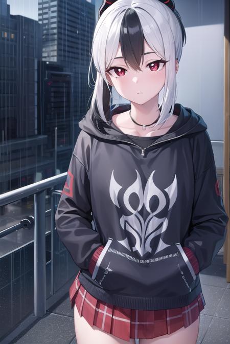 kayoko onikata, black hair, demon horns, hair between eyes, halo, horns, long hair, low wings, mole, mole on collarbone, multicolored hair, ponytail, (red eyes:1.5), single wing, two-tone hair, white hair, wings, black ponytail, black hoodie, choker, hood, hoodie, pleated skirt, skirt, red skirt,