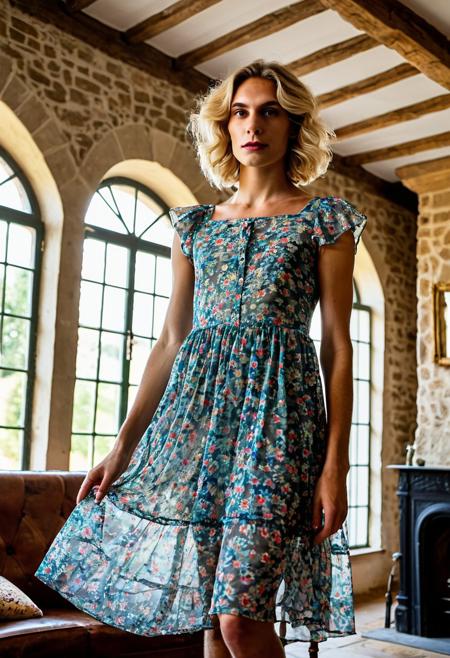 photoshoot, 
polish crosdresser model Karolina, 
androgynous face expression, 
short blonde wavy hair style, 
(flatchested:1.5),
male chest, 
very tall,
very slim, 
wearing a long breezy transparent floral print summer dress, 
looking at viewer, 
low-angle shot, 
bokeh,
close-up shot, 
setting is a living room in a French farmhouse ,
old wooden furniture, 
ceiling beams, 
Rustic sandstone walls, 
chimney, 
colorful high lattice window, 
sunbeams, godrays, warm lights, 
perfection style, perfection, perfect