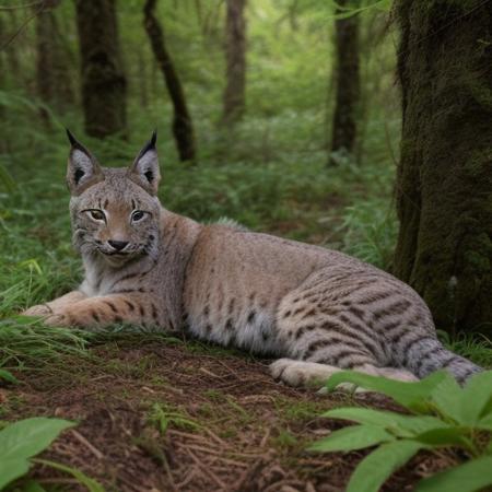 Lynx asleep in an undergrowth and surrounded by undergrowth plants, forest background. very realistic photography