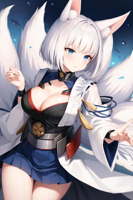 masterpiece, best quality, KagaV4, 1girl, solo, breasts, short hair, blue eyes, skirt, large breasts, animal ears, cleavage, tail, white hair, japanese clothes, wide sleeves, blue skirt, fox ears, fox tail, fox girl, multiple tails, hakama, white kimono, hakama short skirt, <lora:KagaV4-14:1>