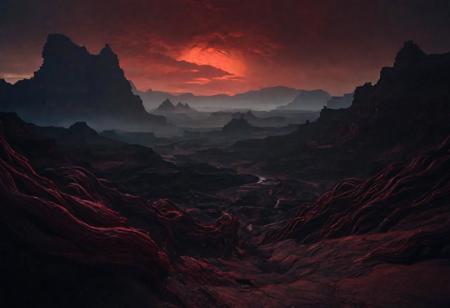 Red Rocky landscape, with deep canyons, black twisting vines, sci-fi aesthetics, film photography style, a moody picture of Gas Giant alien landscape composed primarily of hydrogen and helium, with no solid surface and a thick atmosphere (with a tall red mountain with a demonic face carved into the side in the background:1.2), cloudy weather, at dawn, dim lit, foggy, muted colors, hazy, vintage, analog style, Busy crowded city strret, City<lora:SDXL_FILM_PHOTOGRAPHY_STYLE_Alphav0.2:1>