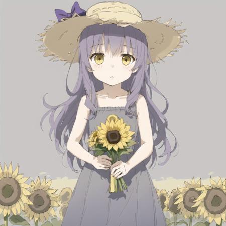 <lora:avas_jun_07-03--tsukumizu_yuu_005-095--ham_rifl_09-01:1>, 

1girl, bare arms, blue ribbon, bouquet, bow, collarbone, dress, flower, grey dress, hat, hat bow, holding, holding bouquet, long dress, long hair, looking at viewer, purple bow, purple hair, ribbon, sleeveless, sleeveless dress, solo, standing, straight hair, straw hat, sun hat, sundress, sunflower, very long hair, yellow eyes, yellow flower, yellow headwear