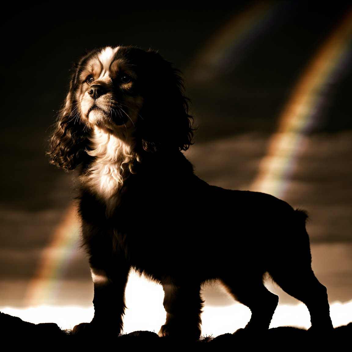 low angle portrait of a persian Cavapoo, (roaming a temperate intricate Arctic tundra:1.1), at dusk with Rainbow, Luminous...