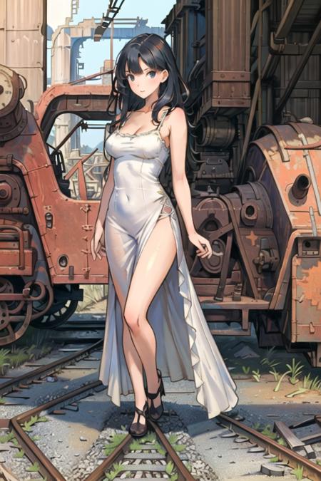 (masterpiece:1.2),best quality,illustration,beautiful detailed girl,

(looking at viewer),
(full body,standing:1.0),(very wide shot:1.2),
medium breasts,long hair, black hair,white long sundress,
(factory ruins:1.1),indoors,(railroad tracks, ground vehicle),
<lora:FactoryRuins_v10:0.4>