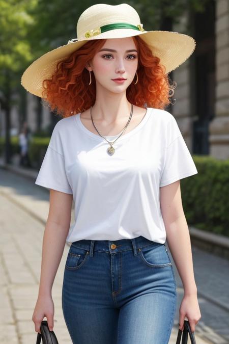 (closeup) Portrait of pretty young (18-year-old) pale milky white skin Caucasian (futuranaomi4300v5) ((Walking towards the camera with a confident stride.:1.07)), (flat chest:1.15), outdoor, BREAK (ginger Romantic cascading curls: Soft, romantic curls cascading down the shoulders, creating a dreamy, feminine look.), no makeup, long dainty necklace, (((SFW, elegant, classy:1.3) T-shirt, hat, jeans)) , <lora:epi_noiseoffset2:1> BREAK (magazine cover:1.10), BREAK (masterpiece, extremely detailed skin, photorealistic, heavy shadow, dramatic and cinematic lighting, key light, fill light), sharp focus, BREAK location is (outdoor Budapest, Hungary:1.25),