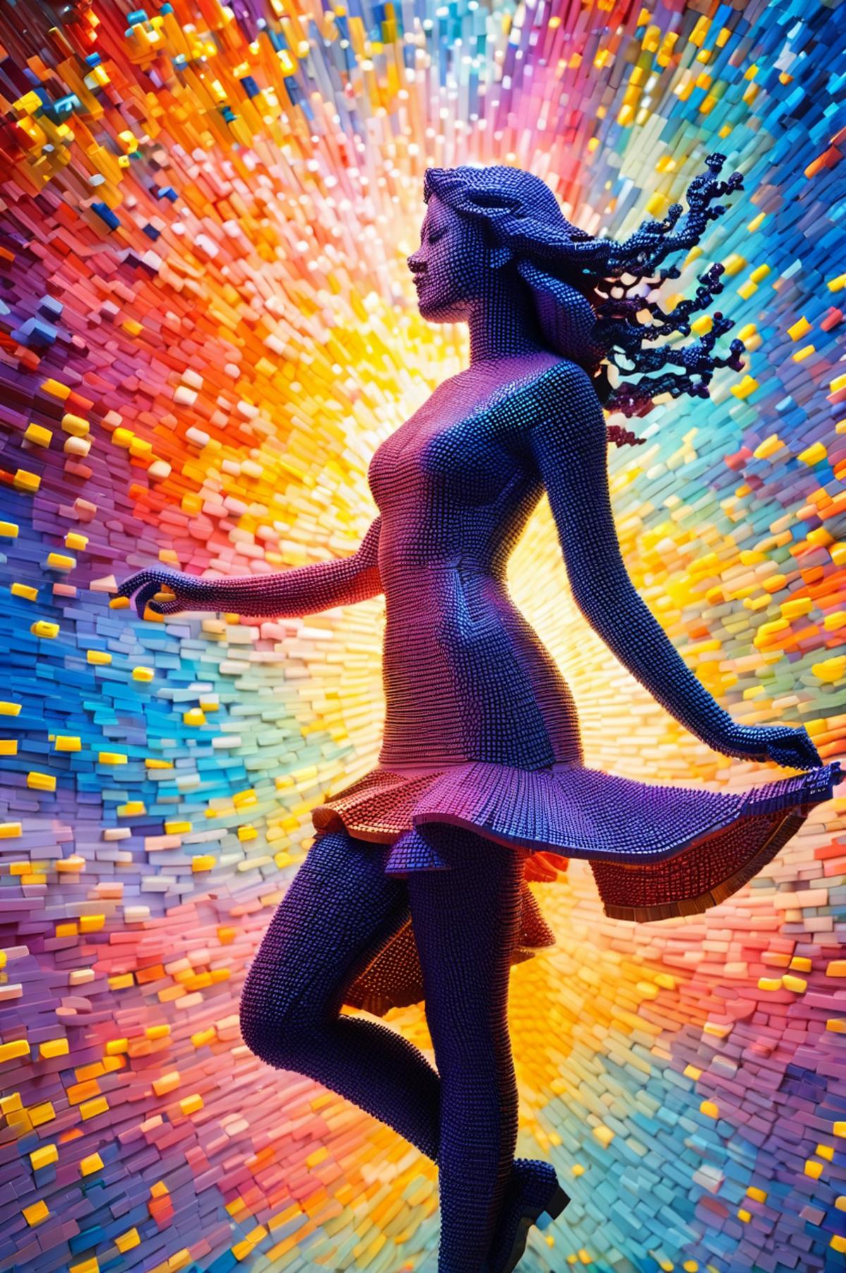 A woman with a dress made of colored bricks poses in front of a colorful background.