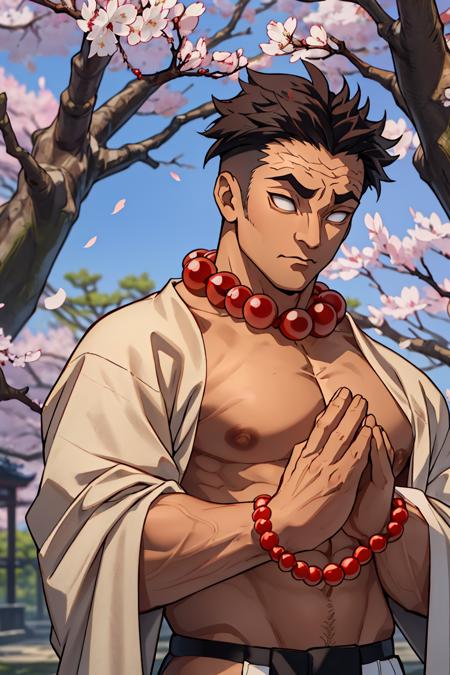 Gyomei Mature Male Black Hair (no eyes, white pupils, white eyes, blind) red Buddha beads around neck black and white Demon Slayer uniform Olive Green Haori/ Happi horizontal scar on forehead