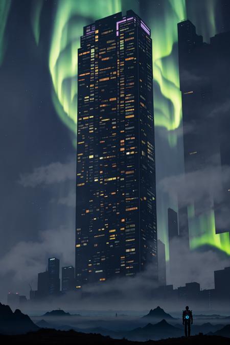 an alien landscape by HR Giger, night sky with aurora, insane high skyscrapers, weird plants, fog mist bokeh, photorealistic