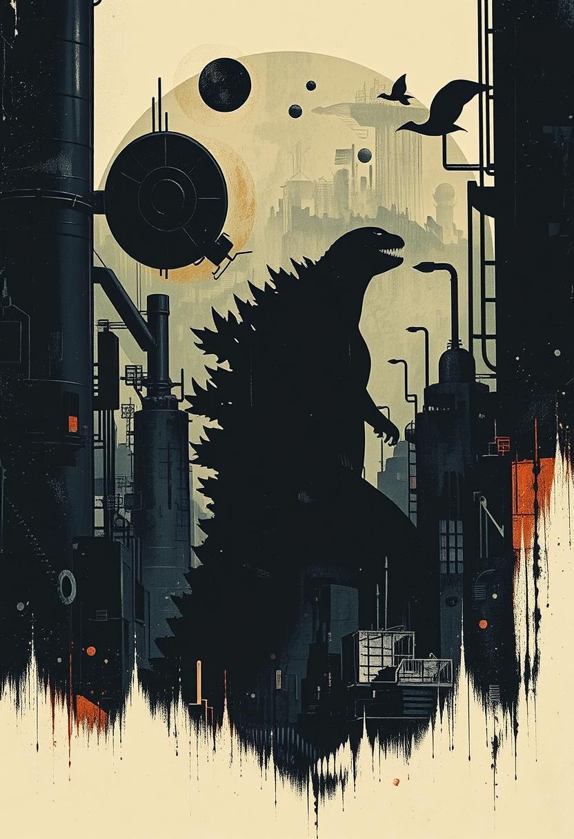 The image features Godzilla, a kaiju figure set amidst machinery and industrial elements. The scene is dominated by deep shadows, with Godzilla's silhouette softly illuminated against a backdrop of darkened machinery. The overall aesthetic is characterized by a dreamlike quality, with subtle distortions and unconventional compositions adding to the surreal atmosphere. In the background, abstract shapes and patterns blend with the industrial scenery, creating an unsettling harmony between organic and manufactured elements.