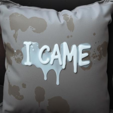 A close-up of a stained grey pillow with the words "I CAME" splattered across it in a semi-transparent milky white fluid.