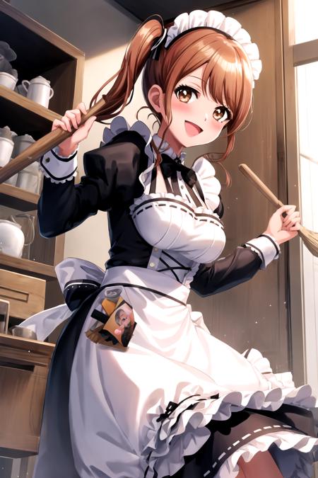 <lora:SetoRika-05:0.8> , setorika, looking at viewer, blush, smile, open mouth, long sleeves, dress, holding, twintails, :d, frills, puffy sleeves, apron, side ponytail, maid, broom, holding broom