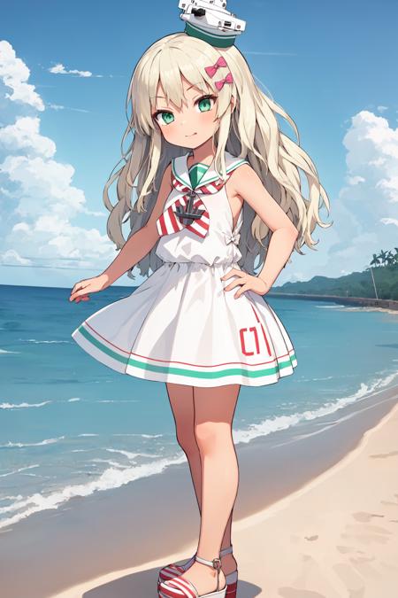 grecale \(kancolle\) blonde hair wave hair long hair hair bow pink bow green eyes blue eyes