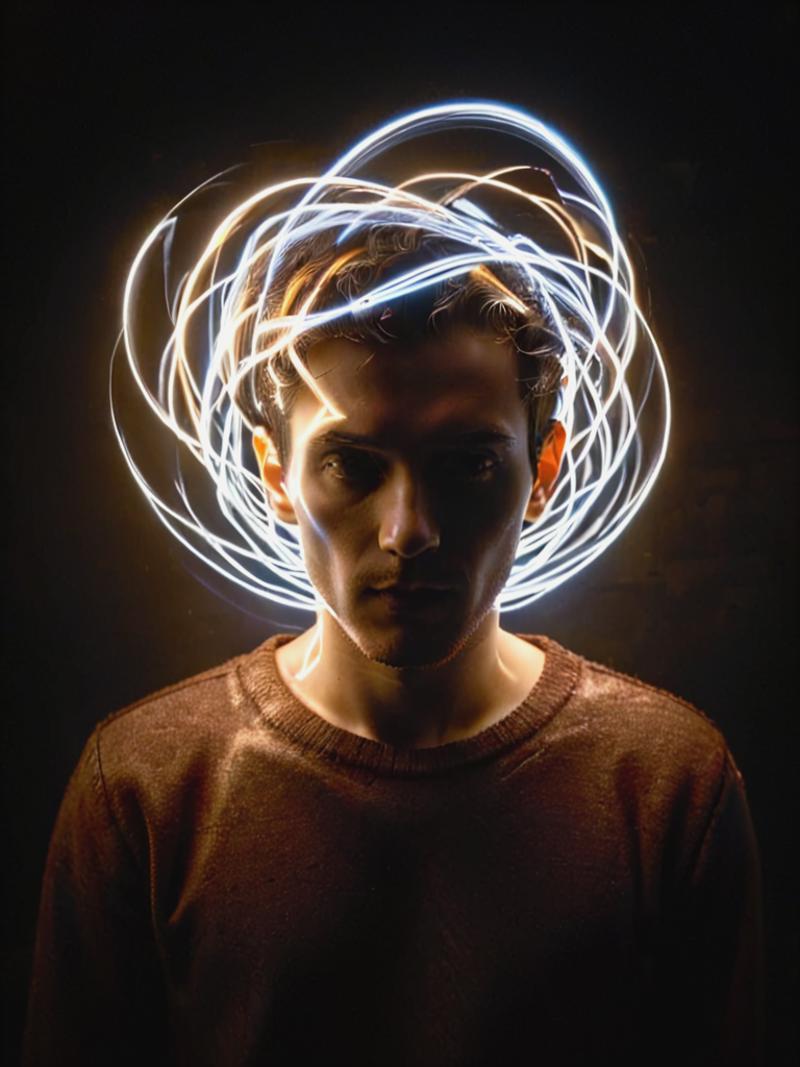 A man with a light pattern in his hair, wearing a sweater.
