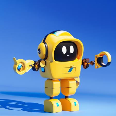 yellow robot, blue background, humanoid robot, standing, solo, water, no humans, blue eyes, holding, full body, standing, black eyes, simple background, soft light. <lora:cute robota_v1:0.7>