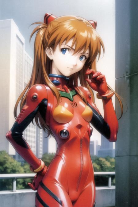 masterpiece, best quality, 1girl, souryuuasukalangley, plugsuit, bodysuit, red_bodysuit, interface headset, looking at viewer, light smile, upper body, science fiction, city