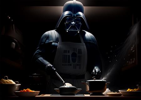 digital painting of Darth Vader wearing a chef's apron+ and cooking in a kitchen, soft focus, atmospheric lighting