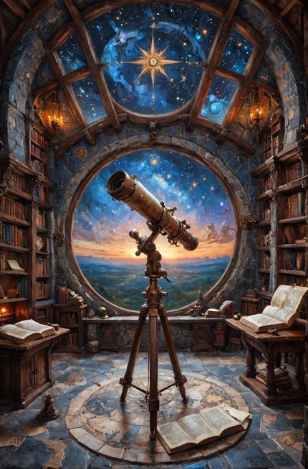 fantasy oil painting artwork depicts a circular, gothic, medieval observatory with a stone and wood interior. An intricate astronomical telescope sits on a wooden tripod in the centre of the room. The room features a large window revealing a spectacular starry night sky and a hint of a sunset on the horizon. The ceiling is made of glass panels, allowing a clear view of the sky. The floor is paved with large stone tiles, and a compass rose is embedded in the centre. Chaotic wooden bookshelves line the walls, filled with scrolls and large, open books. A cluttered wooden table  holds maps and charts. The overall design suggests a medieval or magical theme, emphasizing a sense of mystery and knowledge.