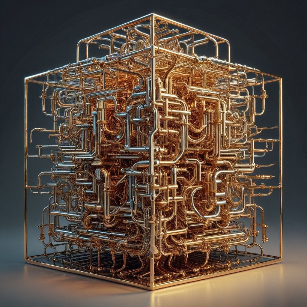 raw photograph of a surreal cube constructed entirely of interwoven brass pipes in qu4ntum style, glowing silver wires spiraling along the edges, intricate golden circuitry engraved across the surfaces, quantum energy pulses radiating softly from its hollow core, set against a dark void with swirling neon energy trails