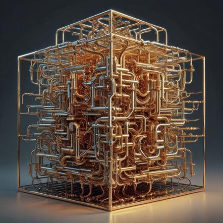 raw photograph of a surreal cube constructed entirely of interwoven brass pipes in qu4ntum style, glowing silver wires spiraling along the edges, intricate golden circuitry engraved across the surfaces, quantum energy pulses radiating softly from its hollow core, set against a dark void with swirling neon energy trails