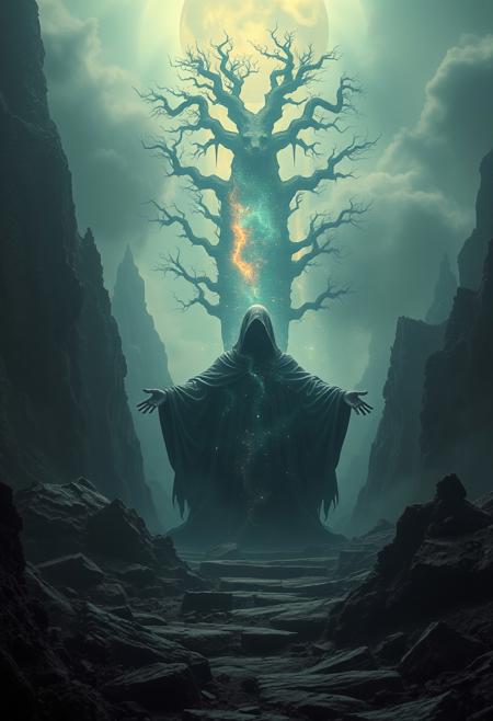 A universe inside a dark cloaked figure within mysterious landscape in an unfathomable realm of fantastic creation inhabited by ancient shadows of a forgotten time beyond the gate of the gateless gate where life is limitless, light is shadow and shadow is light, eerie sense, horror, spark of the beginning, existence and nonexistence at once, ethereal, outstretched arms, behold the end of the beginning, inglorious glory to the dark one, betrayal of the ancient order, beware the 7headed beast, destroyer of the old ways, bearer of the unbearable, nightmarish, archaic runes, tree aging backwards, breath of the gods, ruins of a place unimagined, extreme intricate detail, photorealistic, beyond epic scene, fate discarded, unseeable face of god, the end is the beginning, the beginning is the end, man arises as god dies, as above so below, as below so above, emerald tablet, thoth, guardian and saboteur of existence, hopeless hope, ghosts of the unborn, conception of the inconceivable, cosmic well of imperceptible perception, evil aura