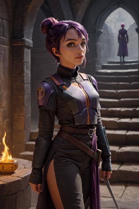 concept art sabine wren, long hair, messy bun at the malfoy manor dungeon, medium shot <lora:Sabine_Wren:0.8>. digital artwork by sarah j. coleman (inky mole), illustrative, painterly, matte painting, highly detailed