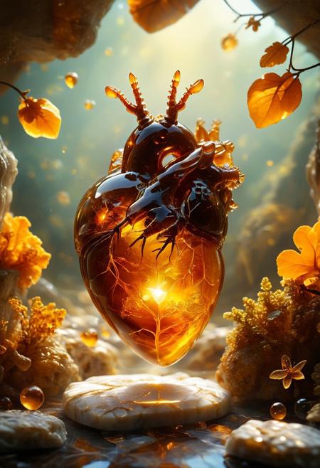 improved cinematic photo, 35mm photograph, film, professional, 4k, highly detailed,
An amber fragment enclosing a Human Heart,
The amber fragment is a smooth, slightly irregular sphere, roughly the size of a marble, with a warm golden-brown hue. Its surface is polished, gleaming softly under light, revealing a mesmerizing play of golden, honey, and orange tones. Tiny air bubbles and organic inclusions are scattered throughout, lending it a sense of antiquity and natural complexity.
Inside, a perfectly preserved Human Heart lies suspended in time, its delicate body encased in the translucent amber.
Around the Human Heart, subtle striations and minute organic fragments, possibly plant material or dust, create a vignette that frames the insect. The amber’s clarity varies in places, with some sections slightly cloudy, further accentuating the Human Heart as the focal point. The fragment feels timeless, a tiny time capsule offering a glimpse into a prehistoric world millions of years ago
