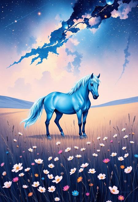 "A dreamlike meadow under a celestial sky, where overexposed stars melt into soft, ethereal glows—like smudged chalk on indigo paper. Below, a windswept field of wildflowers sways in muted pastels: blush pinks, dusty lavenders, and wheat golds, their petals lifted in a gentle wind as translucent as tissue paper. At the center, a translucent blue horse stands poised, its form glowing with a quiet cerulean halo, mane trailing into delicate stardust. The air hums with subtle gradients—sky meeting earth in layered washes of watercolor, while faint streaks of silver suggest distant comets. Keep Flux’s fluidity but mute the chaos: focus on whispered surrealism, where motion blurs into serenity and light feels like a held breath."  
--- 
<lora:FLUX-daubrez-DB4RZ-v2:0.35> DB4RZ, DB4RZ style painting <lora:illustration004:0.8> illustration004 chaotic expressive line-art scribbled and erratic strokes monochromatic black ink <lora:Scribble Portrait Drawing:0.35> Drawing <lora:aidmaMJ6.1_v0.5_3:0.35> aidmamj6.1, aidmamj6, mystcorbCE_style