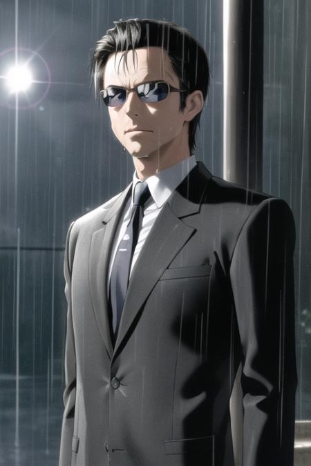 (Night:1.7), in the Heavy rain ,outdoors, water drop, wet,
Standing at attention,in front of a group of people in suits,
Black_suit,Black_jacket,shirt,sunglasses,
<lora:Agent_Smith_Matrix-KK77-V1:0.5>,Black_tie,<lora:lelouch_Code_geass-KK77-V1:0.5>,
Black_hair,Short_hair, blue_eyes,forehead,facial hair,(With_no_beard:1.3),
1 old_Man, 50yo,male,looking at viewer,
official art,extremely detailed CG unity 8k wallpaper, perfect lighting,Colorful, Bright_Front_face_Lighting,
(masterpiece:1.0),(best_quality:1.0), ultra high res,4K,ultra-detailed,
photography, 8K, HDR, highres, absurdres:1.2, Kodak portra 400, film grain, blurry background, bokeh:1.2, lens flare, (vibrant_color:1.2)