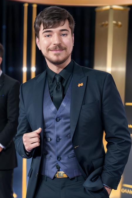 a man (in a stunning dark blue suit) at the oscars, (people in the background), smiling, [upper body], (close up:1.2), ((candid, amateur)), (raw, 8k, uhd, fujifilm xt3), <lora:mrBeast:1>