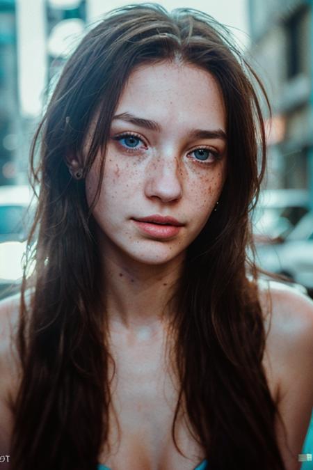 instagram selfie , a 23 year old gorgeous woman , slight smile , detailed skin face and eyes , natural lighting , at home , long hair, topless , film grain, low contrast, natural face , freckles , black hair , blue eyes, dark circles under eyes bokeh, detailed skin, warm light, neon lights, city ligts, graffiti in background, pjw style <lora:pjw_style:1>