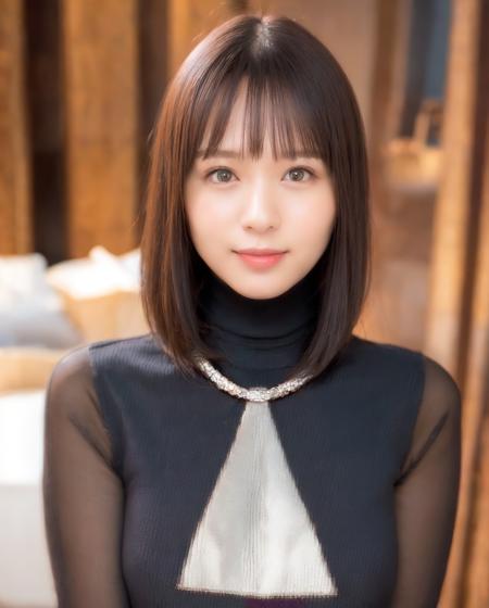 best quality, photorealistic, 8k, high res, 1girl, woman, (skindentation), (professional lighting), (portrait:0.6), black turtleneck maid dress:1, (silver necklace:1.46), gorgeous, ((black hair)), (short straight hair:1.4), eyes looking at viewer:0.31, ((looking at viewer:1.5)), (looking at the camera), photorealistic, (bokeh), (portait:0.6), (dynamic pose:1.2), from above, sfw, smile:1.6, <lora:nono-3750:0.73>