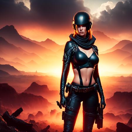 an attractive woman [gunslinger:bounty hunter:0.4] standing in a apocalyptic wilderness (retrohorizon style:1) <lora:djzRetroHorizon_LB2:0.8>