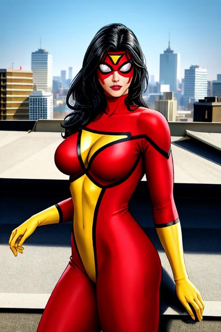 sw_jessicadrew standing on the roof against the backdrop of the city, red and yellow superhero costume, black hair, long hair, underarm webbing, red mask with white lenses and a yellow triangle on the forehead, photorealistic, highly detailed, high resolution, best quality, highres, (detailed eyes:1.4), (detailed face:1.2), colorful, vivid color <lora:Spider-Woman (Jessica Drew) LoRA AOM2:0.5>