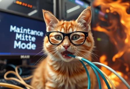 orange striped tabby wearing nerdy glasses, chewing fiber optic cable, breaking fiber optic cables, background: server room catching fire, computer screen displays the words "Maintenance Mode" in technical font