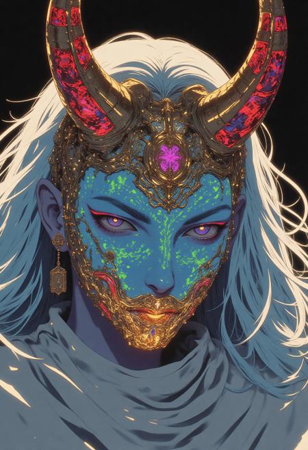Eye-catching, drab, hyper-realistic, high-quality, detailed image, beautiful woman, jester mask made of vibrant multicolored glowing neon dots (deep red, electric blue, bright yellow, vivid green, rich purple, radiant orange) that shimmer and pulse with light, complete face, flawless porcelain skin with a soft luminescent glow, striking white hair flowing elegantly, mesmerizing light blue eyes with intricate swirling patterns that reflect a kaleidoscope of colors, golden patterned borders framing the mask, meticulously stitched mouth using delicate golden twine that glistens softly, wearing a flowing white robe that cascades around her, Canon EOS R5, close-up shot, surreal style, inspired by Salvador Dali and Annie Leibovitz, soft diffused lighting enhancing her ethereal beauty, bright white theme with high contrast, moderate saturation, cool hue that complements her features, subtle shadows adding depth to her face, defined highlights accentuating the contours of her skin, sparkling golden elements throughout, featuring a locket earring that gleams with a touch of mystery, cyberpunk anime ne0nfant4sy.
