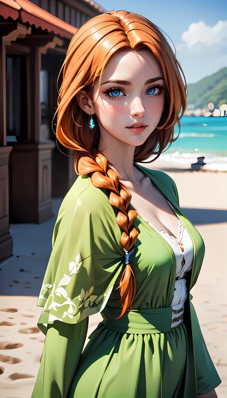 green dress long hair braid orange hair blue eyes