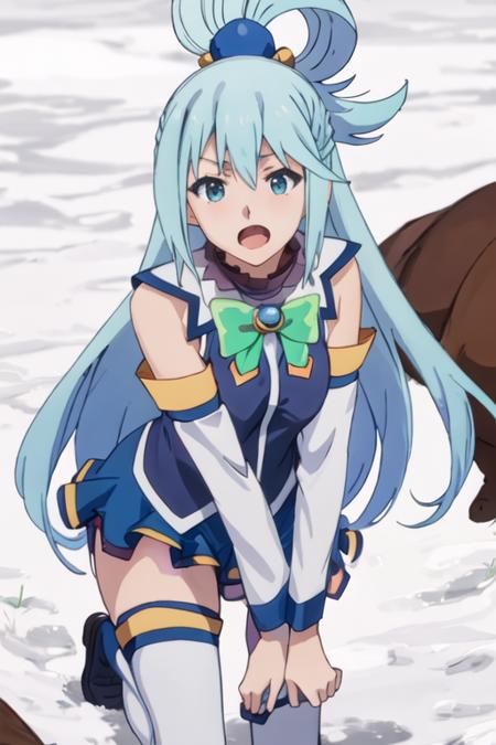 best quality, masterpiece, highres, solo, {aqua_konosuba:1.15}, long_hair, blue_hair, hair_ornament, hair_rings, blue_eyes, open_mouth, bow, green_bow, single_hair_ring