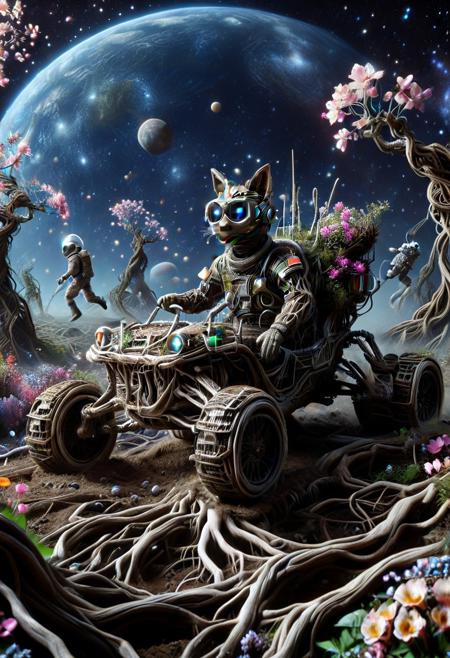 morph-treeroots, (made of roots:1.3), closeup shot, from side, cute small offroad buggy, astronaut cat driving, wear round goggles, wear astronaut suit, run through in space planet forest, Dust, flowers, cinematic, cinematic lighting, (masterpiece, best quality:1.4), ultra-high res, 4k, Photorealistic, insanely detailed, sfw,
