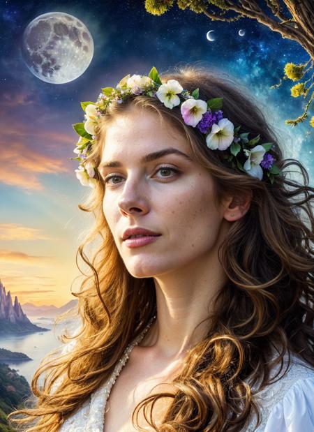 (high quality:1.4), (best quality:1.4), (masterpiece:1.4), official art, official wallpaper, surreal, beautifulgoddess, (1woman:1.1), (long wavy hair:1.1), (flower crown:1.1), (mystical creatures:1.1), (floating islands:1.1), (detailed landscape:1.1), (magic in the air:1.1), (stardust:1.1), night sky, (whimsical atmosphere:1.1), (dreamlike world:1.1), (bubbles:1.1), flying books, (luna moths:1.1), (moonlight:1.1), enchanted forest, (wisdom:1.1), (powerful energy:1.1), (guardian angels:1.1), (peaceful:1.1), vibrant colors, (detailed:1.05), (extremely detailed:1.06), sharp focus, (intricate:1.03), cinematic lighting, (extremely intricate:1.04), (epic scenery:1.09), vibrant colors, (beautiful scenery:1.08), (detailed scenery:1.08), (intricate scenery:1.07), (wonderful scenery:1.05),, (sharp focus,absurdres,high quality,masterpiece,highres,best quality:1.5)