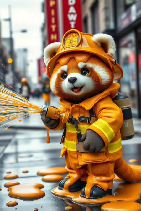 caraf, a cute caramel panda wearing a firefighter uniform. Spraying caramel all over the place with a firehose. city, urban environment, 