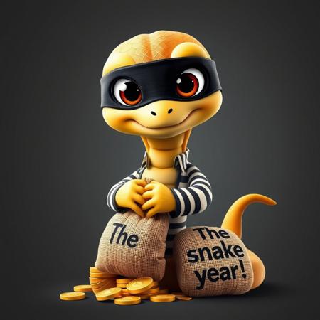 A whimsical movie poster featuring an adorable, cute snake shebaobao with large, expressive eyes and a mischievous grin, cleverly disguised as a bank robber, wearing a sleek black mask and a fitted striped shirt. The snake coils elegantly around a stack of oversized gold coins, playfully clutching a burlap bag labeled "The snake year!".