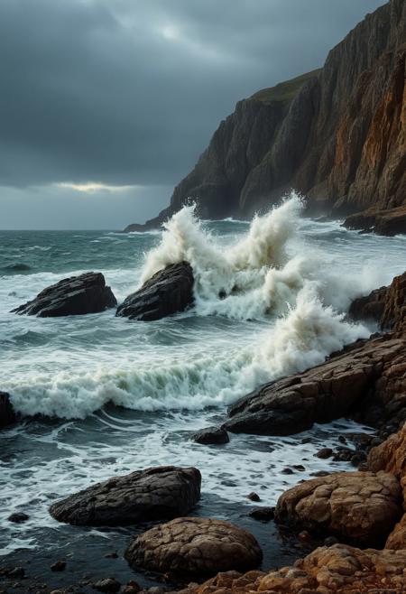 Rocky Shoreline with Crashing Waves
A dramatic rocky shoreline where powerful waves crash against jagged rocks, sending sprays of foam into the air. Diego Fazio’s photorealism captures the dynamic motion of the water, rendering every droplet and splash with striking clarity. Julie Bell’s figures stand amidst the scene, adding a sense of scale and energy against the backdrop of nature’s force. Doug Bloodworth adds intricate texture and photorealistic reflections on the wet, weathered stones, enhancing the realism of the rugged coast. The combination creates a breathtaking, immersive portrayal of nature’s raw power.
vivid colors. 
detailmaximizer, aidmaMJ6.1,  Movie Still, Film Still, Cinematic, Cinematic Shot, Cinematic Lighting, detailxl, flux-style, midjourneyv6.1