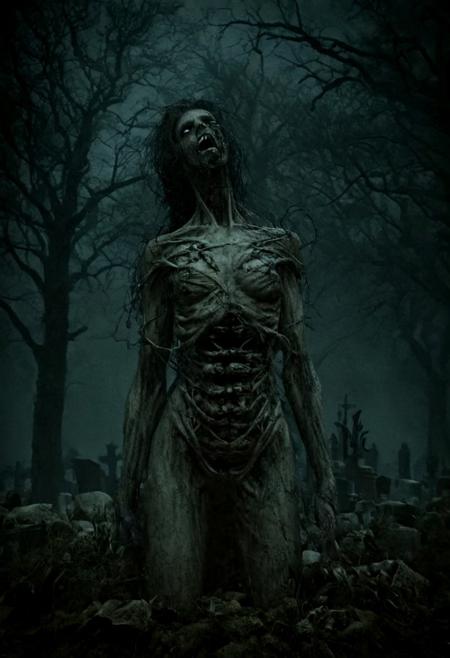 mortishadow, rising from a grave in a dark cemetery, Horrifying