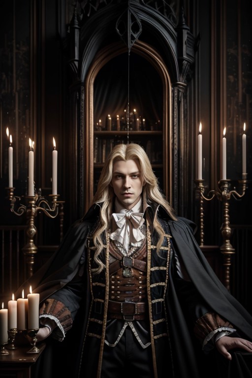 1man, portrait of alucardcastlevania wear court suit in bedroomgothic room, candle, looking at viewer, dim light, dark, ho...