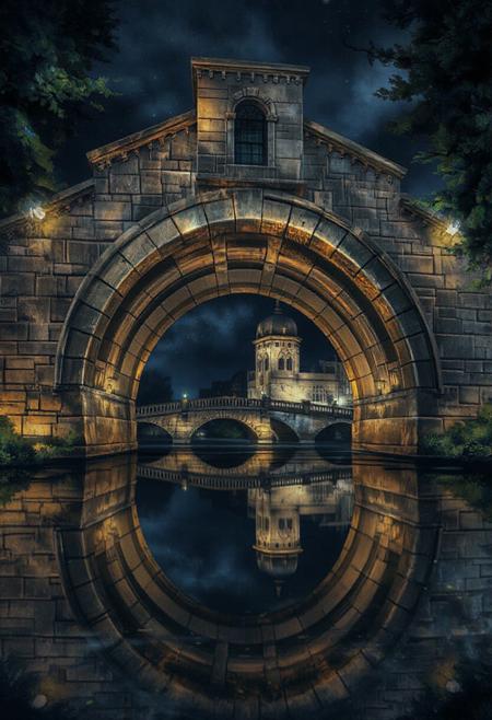 ethereal feel, High-definition 
"Create a digital painting of a stone arched bridge at night, illuminated by warm lights that highlight its architectural details. The bridge spans a calm body of water, where its semi-circular form is reflected perfectly, creating the illusion of a full circle or moon shape. The surrounding environment is dark, with hints of greenery and other architectural elements visible in the background, suggesting an urban or park setting at night."