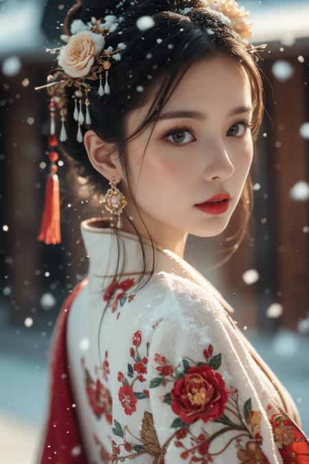 Warm Snow,1girl,solo,hair ornament,black hair,jewelry,earrings,looking at viewer,blurry,snow,snowing,red lips,chinese clothes,looking back,upper body,flower,blurry background,makeup,black eyes,lipstick,hair stick,realistic,floral print,lips,closed mouth,
best quality,masterpiece,illustration,an extremely delicate and beautiful,CG,unity,8k wallpaper,Amazing,finely detail,masterpiece,official art,extremely detailed CG unity 8k wallpaper,incredibly absurdres,huge filesize,ultra-detailed,highres,extremely detailed,beautiful detailed girl,realistic,<lora:Warm Snow:0.8>,