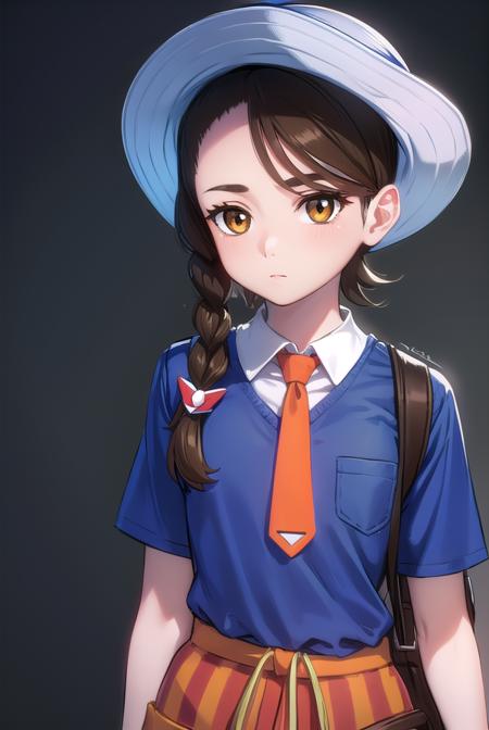 pokemonjuliana, <lyco:pokemonjuliana-lyco-nochekaiser:1>,
pokemonjuliana, braid, (brown eyes:1.5), brown hair, hair ornament, hairclip, side braid, single braid, swept bangs,
BREAK backpack, bag, black footwear, blue headwear, blue shirt, breast pocket, collared shirt, hat, kneehighs, naranja academy school uniform, necktie, orange necktie, orange shorts, pocket, school uniform, shirt, shoes, short sleeves, shorts, socks, striped, striped shorts, sun hat, white socks
BREAK looking at viewer, full body, (cowboy shot:1.5),
BREAK outdoors,,
BREAK <lyco:GoodHands-beta2:1>, (masterpiece:1.2), best quality, high resolution, unity 8k wallpaper, (illustration:0.8), (beautiful detailed eyes:1.6), extremely detailed face, perfect lighting, extremely detailed CG, (perfect hands, perfect anatomy),